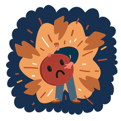 Cartoon vector illustration of man hold sad emoji. Dissatisfied customer