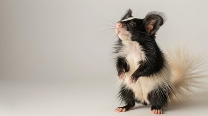   A rat in black and white, stands on hind legs, front paws on hind paws