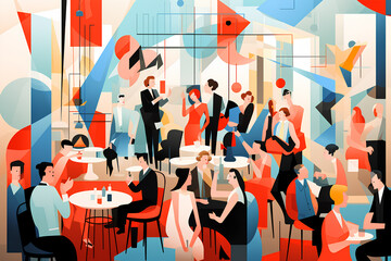 Party in restaurant. Bauhaus style illustration. rich and stylish .