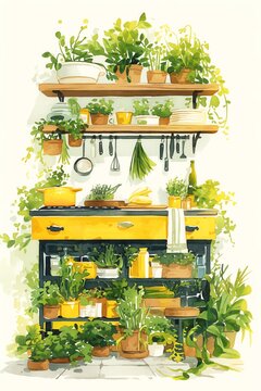 A vibrant illustration of a farmhouse kitchen island with enamelware and fresh herbs, lively greens and crisp whites, vivid watercolor, white background, 100% isolate