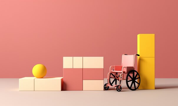 interior of a room with a wheelchair, abstract furniture decor, colored scenery with geometric shapes, rectangles and sphere, in pink, white and yellow color, nice illustration of  disability