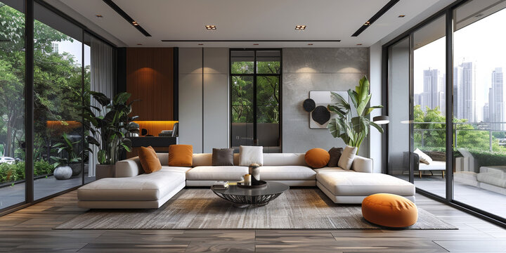 A luxurious and contemporary living room features a comfortable sofa, modern furniture, and elegant decor.