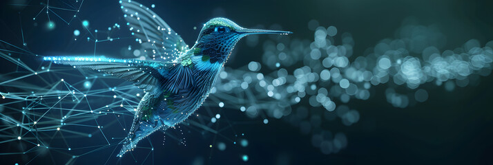 A hummingbird flying in the sky with the words hummingbird on the bottom,Realistic big hummingbirds ongradation blue neon background

