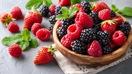 Obraz premium A white tablecloth holds a bowl of raspberries and blackberries, garnished with mint leaves Nearby, another wooden bowl displays more raspberries