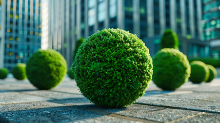 Decorative Garden Topiary, Green Trees Shaped into Perfect Spheres, Ornamental Design in Lush Park Setting