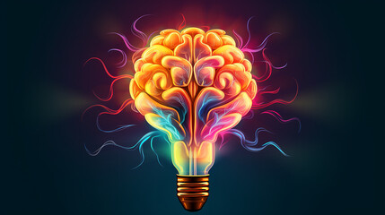 Anatomical brain with bulb flourishing from top, thinking icon, closeup, vivid colors, illustrative - obrazy, fototapety, plakaty