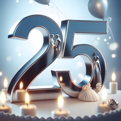 25thAnniversaryCelebration: Elegant silver number 25 with candles, balloons, and decorations on a...