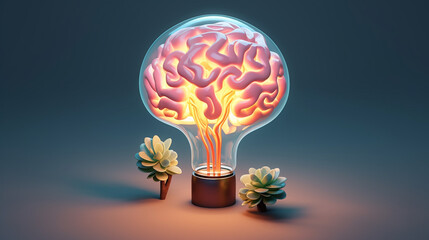 Organic brain with electric bulb blooming, enlightenment theme, isometric angle, hyperrealistic