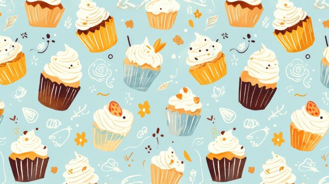 A delightful hand drawn doodle illustration of cupcakes creates a charming pattern on various backgrounds in sweet shades like white black orange blue and yellow all with a waterco