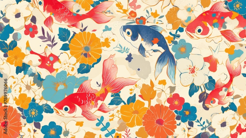 Poster a delightful combination of charming fish and colorful flowers set against a playful kids themed bac