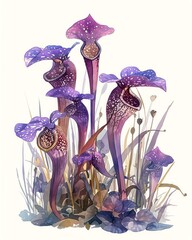 A detailed sketch of Purple Pitcher Plants Sarracenia purpurea in a Northern bog, moody purples and rich earth tones, vivid watercolor, white background, 100% isolate