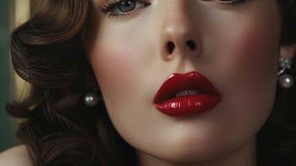 a close-up shot capturing the timeless beauty of a mid-century woman with a flawless complexion, soft waves, and a classic red lip, evoking the glamour of the 1950s. 