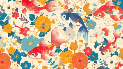 Crédence de cuisine en verre imprimé Vie marine A delightful combination of charming fish and colorful flowers set against a playful kids themed backdrop creating a pattern suitable for various uses in the textile industry on pap