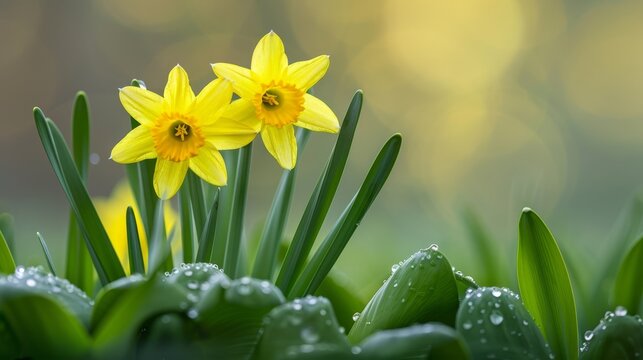   Two yellow daffodils sit in the heart of lush green grass, adorned with dewdrops on their leaves
