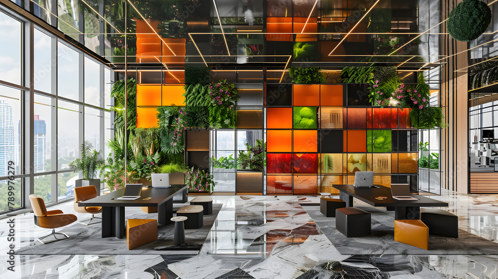 Aufkleber 3d rendering of a contemporary open space office interior with a vibrant square pattern and black fu