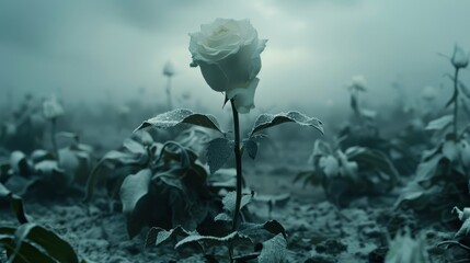   A solitary white rose sits in the heart of a field filled with wilted blooms, under the cover of a dark night The backdrop is a foggy, ominous
