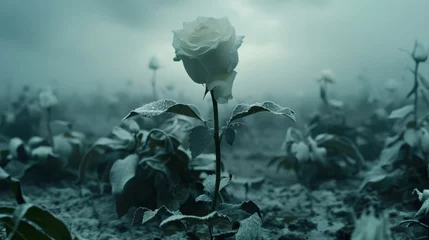 Foto op Plexiglas   A solitary white rose sits in the heart of a field filled with wilted blooms, under the cover of a dark night The backdrop is a foggy, ominous © Mikus