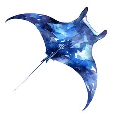 A detailed watercolor of a Manta Ray soaring underwater, majestic span in deep blues and shadowy silhouettes, white background, vivid watercolor, 100 isolate