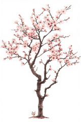 A delicate cherry blossom tree, rendered in a watercolor style, blooms with soft pink flowers.