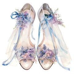 A detailed watercolor of the brides shoes and veil, delicate textures and light shadows, white background, vivid watercolor, 100% isolate