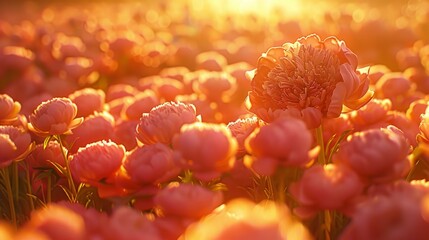   A field filled with pink tulips Sunlight filters through their leaves, illuminating the scene