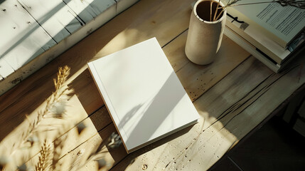 Open blank paper brochure on wooden table. Mockup for design