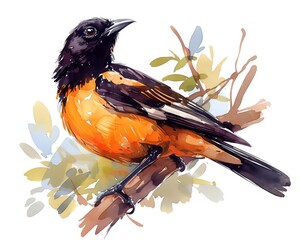 A dynamic sketch of a Hooded Pitohui, one of the few known poisonous birds, vibrant oranges and blacks, white background, vivid watercolor, 100% isolate