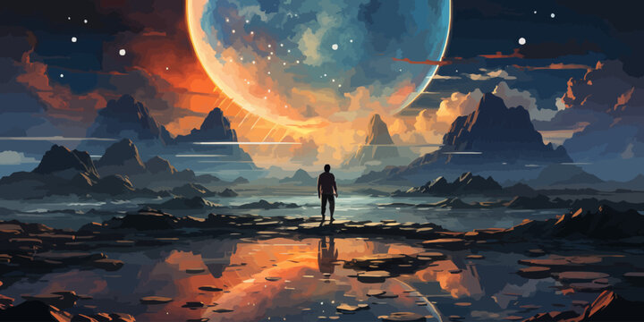 Traveler walks on a rock that floats in the sky, digital art style, illustration painting