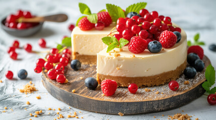 Classic New York cheesecake garnished with fresh berries on rustic wooden board. - obrazy, fototapety, plakaty