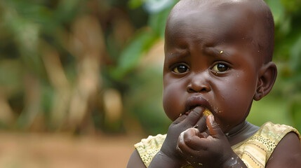 An African baby looking upset, he has tried a sour or bitter taste for the first time and didn't like it. The picture includes copy space for your text. 