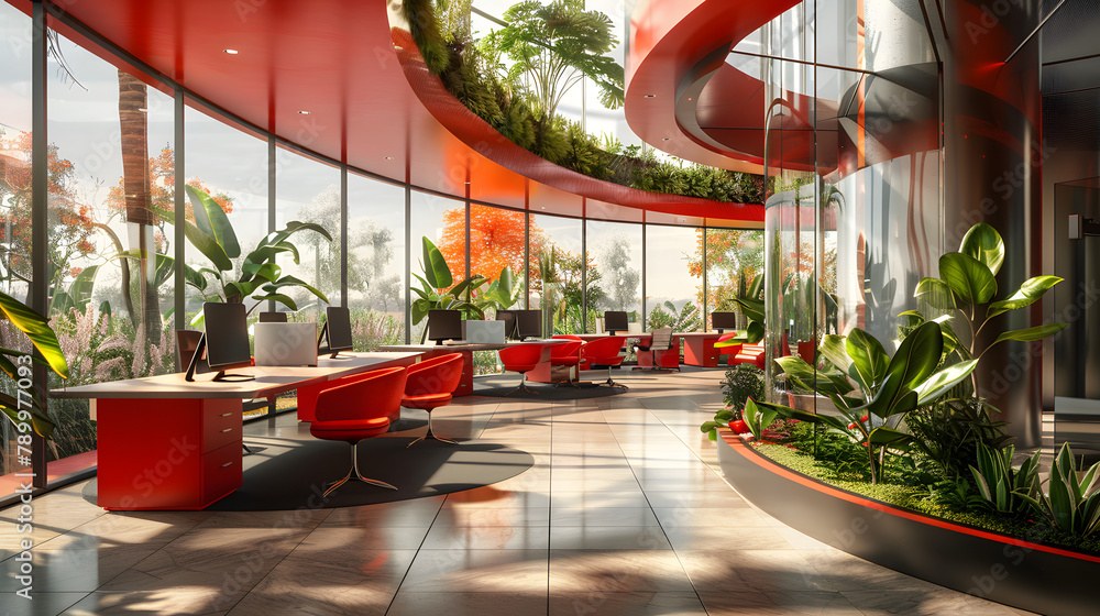 Poster 3d visualization of a sleek open plan office interior with a dynamic circle design and red furniture