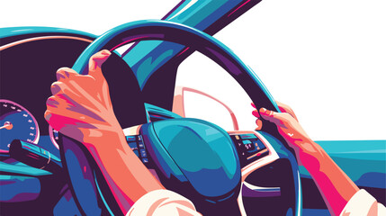 Woman hands of a driver on steering wheel of a car.