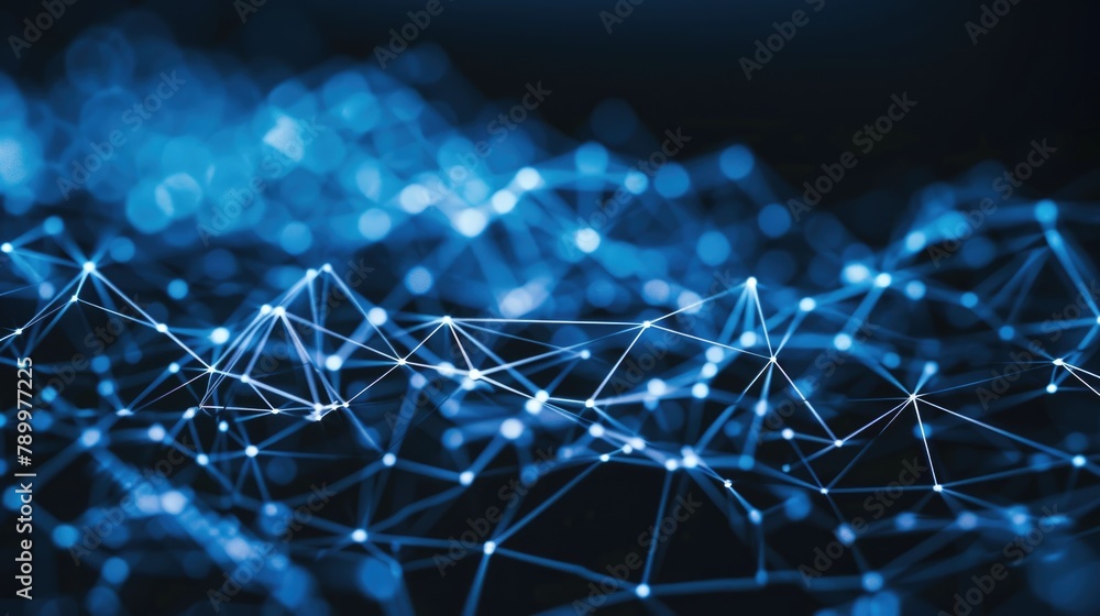 Poster dark blue background with intersecting lines and scattered dots creating a modern, abstract design