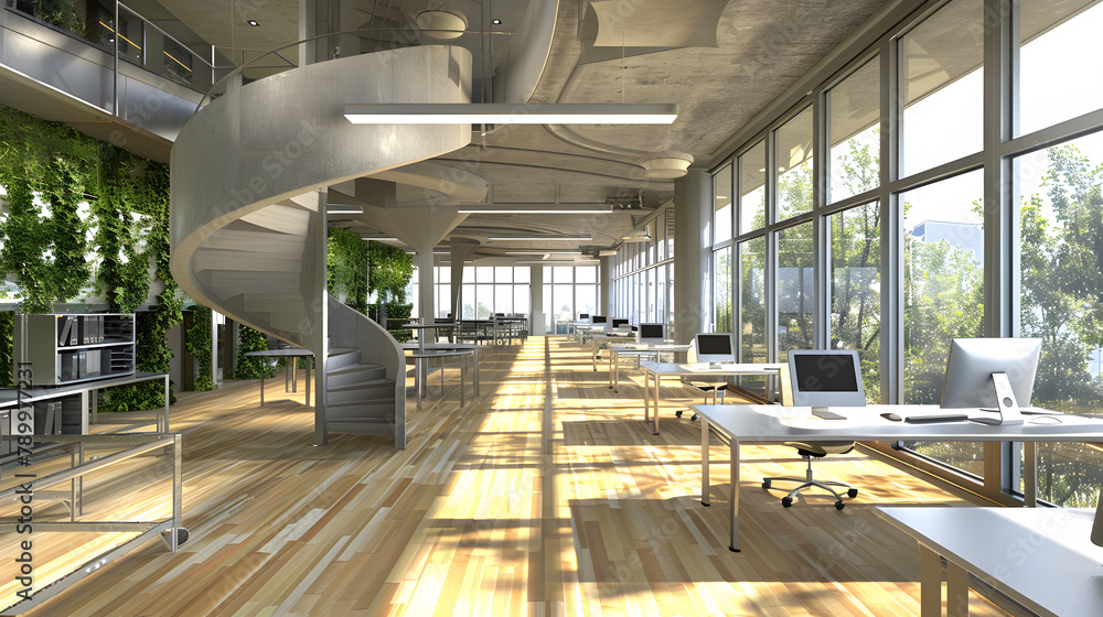 Poster a 3d simulation of a progressive open office interior with a fascinating spiral design and gray furn