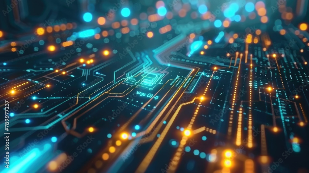 Poster detailed view of a computer circuit board showing intricate electronic components and pathways