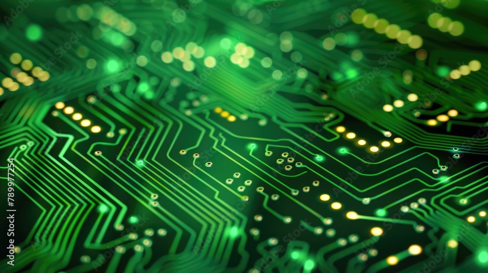 Poster detailed view of a green circuit board showing intricate electronic components and pathways
