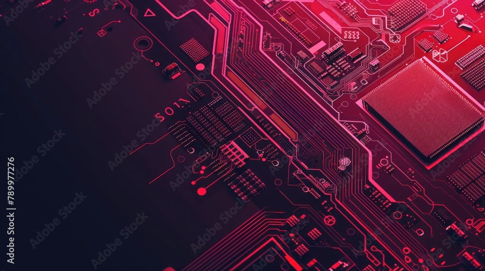 Poster a computer circuit board displayed against a vibrant red background, showcasing digital technology