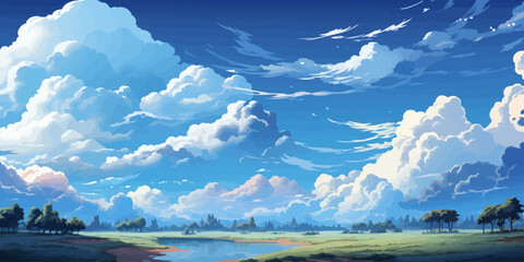 Vector blue sky clouds. Anime clean style