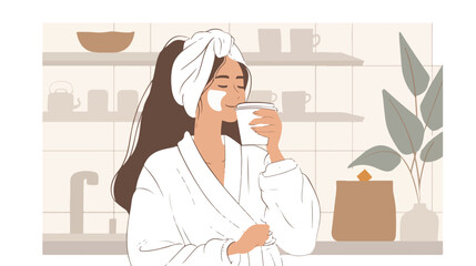 Woman in bathrobe head towel drinking coffee