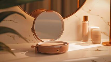 a compact travel makeup bag with a foldable mirror stand, allowing you to prop up your mirror for hands-free beauty applications. Capture the versatile and convenient design.