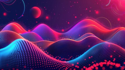 Colorful waves and planets create an abstract background