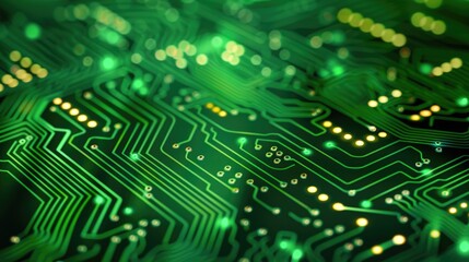 Obraz premium Detailed view of a green circuit board showing intricate electronic components and pathways