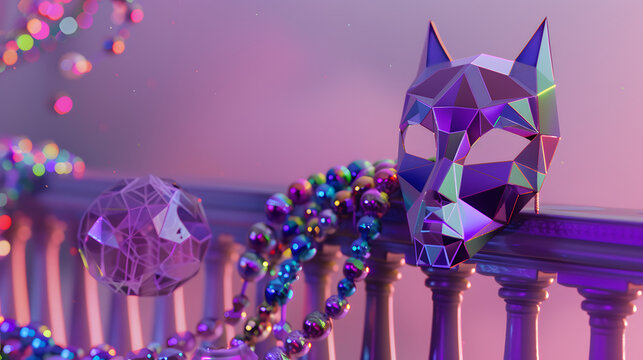 A amethyst metal Mardi Gras mask made of geometric shapes stands on the balcony. surrounded by multi-colored beads. The background is purple with a soft gradient effect. 