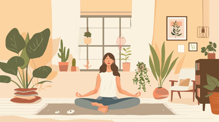 Obraz na płótnie Canvas Woman meditating in the bedroom. Woman in yoga pose 