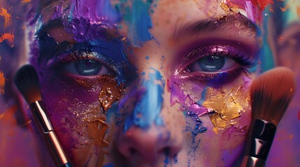 a composition of brushes dipped in vibrant paint, creating an artistic palette that blurs the line between makeup and painting in 8k resolution. 