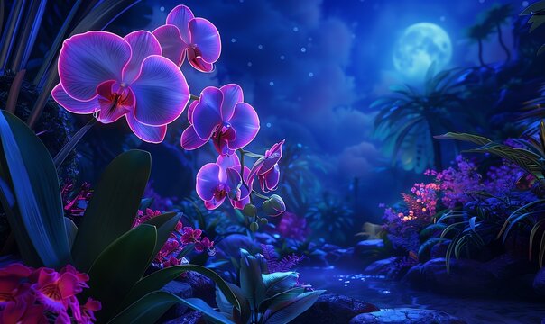 Capture a stunning long shot of a mystical, neon-colored orchid blooming in a moonlit garden using watercolor