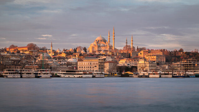 Mosque near the river in Istanbul at sunrise