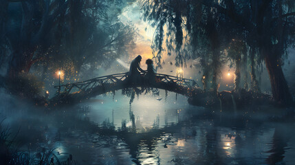 A beguiling tapestry of the wise maiden and her brownie pal. sitting on a bridge over an endless river glowing with moonbeams - obrazy, fototapety, plakaty