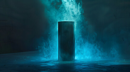 A big cylinder with turquoise light shimmering from it. on a dark canvas