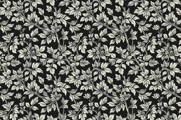 Toile pattern tapestry. Arts and crafts. Monochrome botanical pattern background. Created with Generative AI technology